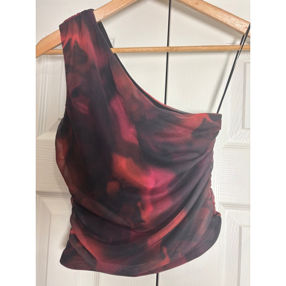 Princess Polly One Shoulder Mesh Ruched Top Red Black Abstract US 2